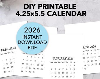 Printable BLANK DIY Calendar 2026 PDF, Mini Calendar for Handmade Crafts, Gifts, Stamping, Cards, A2 4.25 x 5.5 Inches