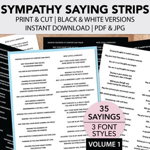 Printable Sympathy Sentiment Strips Volume One Black & White Sayings Great for Card Making, Paper Crafts, Journals, Mixed Media image 1