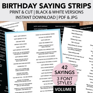 Afdrukbare verjaardagsgevoelstrips | Deel een | Zwart-wit uitspraken | Geweldig voor het maken van kaarten, papierkunst, tijdschriften, gemengde media