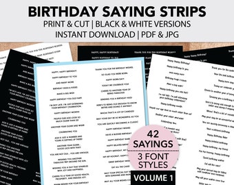 Printable Birthday Sentiment Strips | Volume One | Black & White Sayings | Great for Card Making, Paper Crafts, Journals, Mixed Media