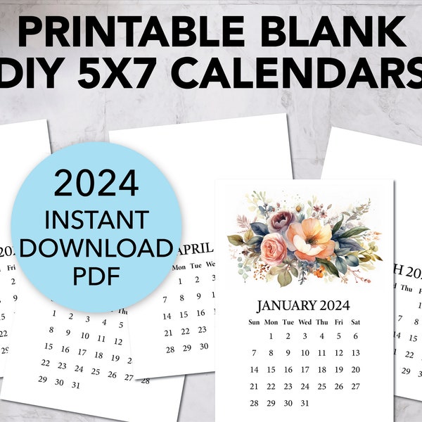 Printable BLANK DIY Calendar 2024 / Printable Mini Desk Calendar for Handmade Crafts, Gifts, Stampers, Easel Cards / A6 5x7 Inches