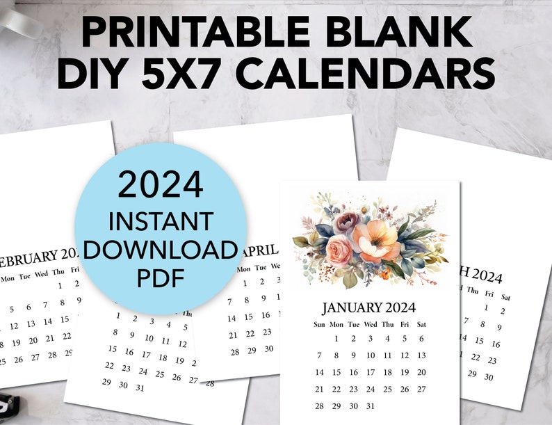 Printable BLANK DIY Calendar 2024 / Printable Mini Desk Calendar for Handmade Crafts, Gifts, Stampers, Easel Cards / A6 5x7 Inches image 1