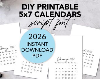 Printable BLANK DIY Calendar 2026, Script Font PDF, Mini Desk Calendar for Handmade Crafts, Gifts, Stamping, A6 5x7 Inches