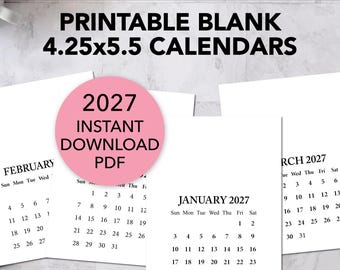 Printable BLANK DIY Calendar 2027 PDF, Mini Calendar for Handmade Crafts, Gifts, Stamping, Cards, A2 4.25 x 5.5 Inches