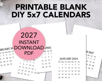 Printable BLANK DIY Calendar 2027 PDF, Mini Calendar for Handmade Crafts, Gifts, Stamping, Cards / 5x7 Inches