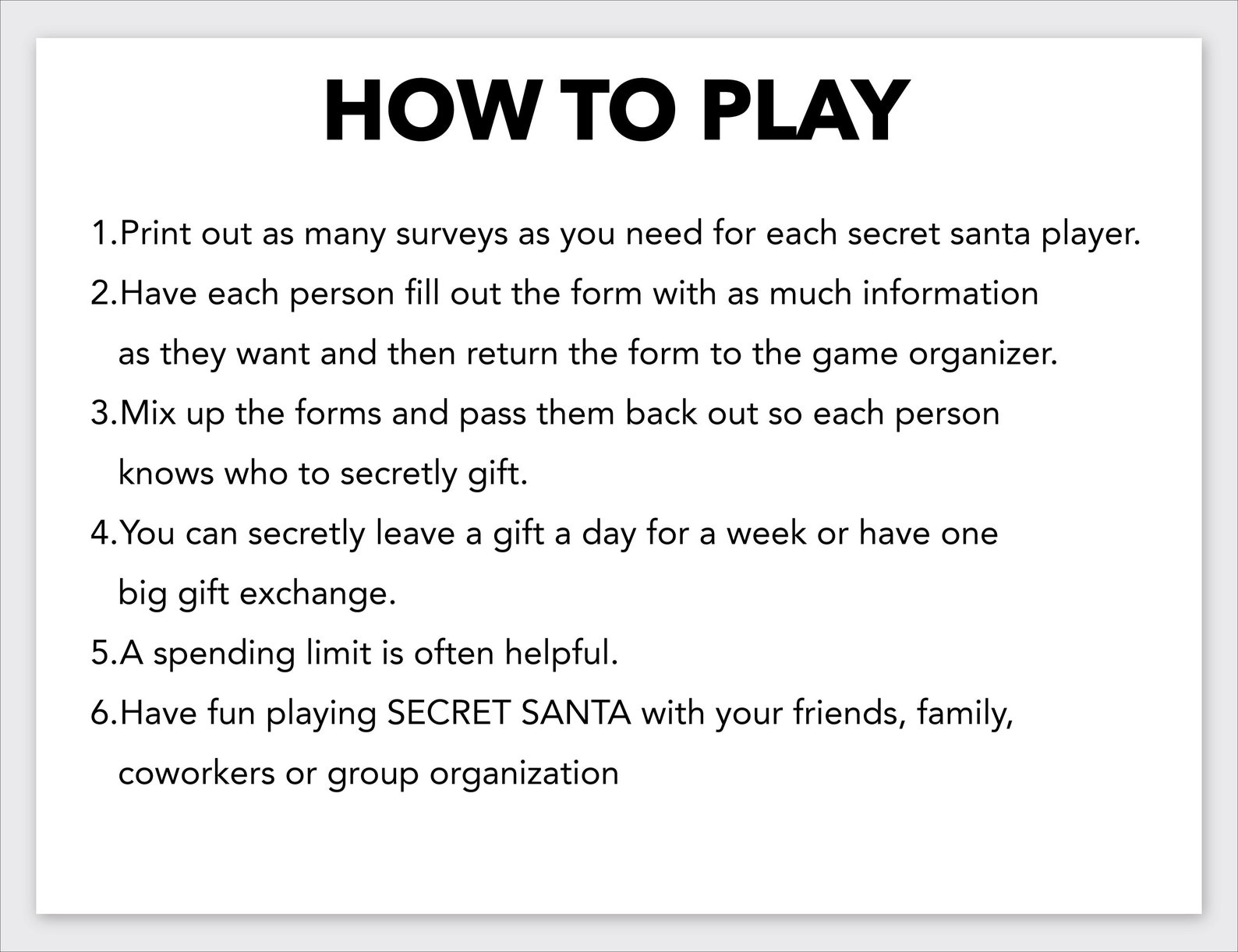 Secret Santa Questionnaire Gift Exchange Form Secret Santa Gift Ideas
