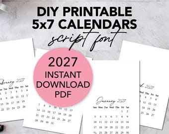 Printable BLANK DIY Calendar 2027, Script Font PDF, Mini Desk Calendar for Handmade Crafts, Gifts, Stamping, 5x7 Inches