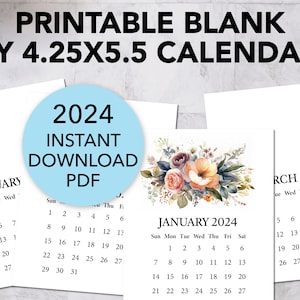 Printable BLANK DIY Calendar 2024 / Printable Mini Desk Calendar for Handmade Crafts, Gifts, Stampers, Easel Cards / A2 4.25 x 5.5 Inches image 1