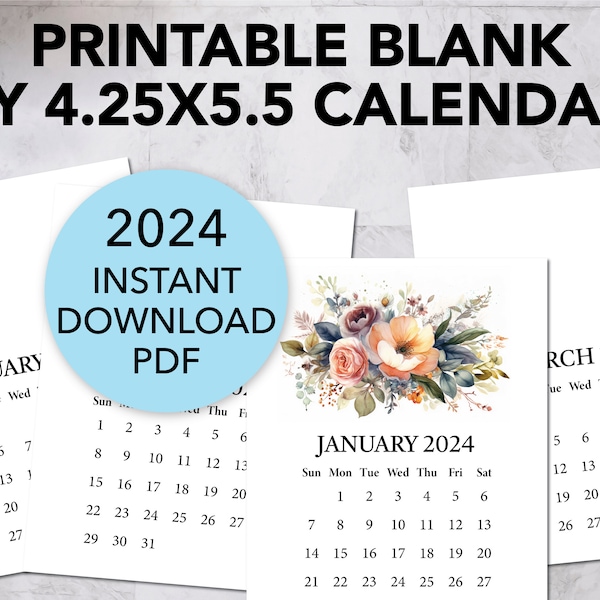 Printable BLANK DIY Calendar 2024 / Printable Mini Desk Calendar for Handmade Crafts, Gifts, Stampers, Easel Cards / A2 4.25 x 5.5 Inches