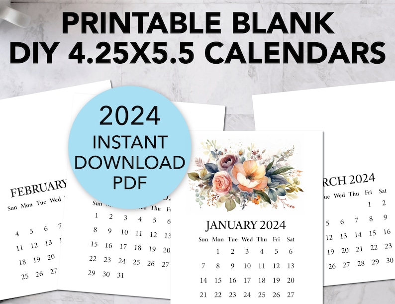 Printable BLANK DIY Calendar 2024 / Printable Mini Desk Calendar for Handmade Crafts, Gifts, Stampers, Easel Cards / A2 4.25 x 5.5 Inches image 1