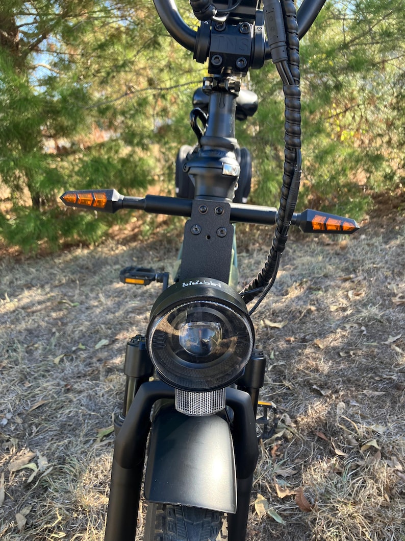May include: A black and green electric bicycle with a round headlight and orange turn signals. The bicycle has a black handlebar and a front fender. The tires are black and the background is a natural outdoor setting.