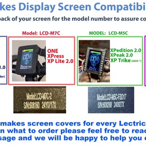 May include: A compatibility chart for Lectric EBikes display screens. The chart shows different screen models, including LCD-MSN, LCD-M7C, LCD-M5C, and FSD01, with corresponding e-bike models. The chart also includes serial numbers for each screen model.