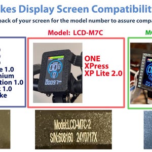 May include: A chart showing the compatibility of different Lectric e-bike display screens. The chart is divided into three sections, each with a different model number: LCD-M5N, LCD-M7C, and LCD-M5C. Each section lists the compatible e-bike models. The chart also includes the model number and serial number of each display screen.