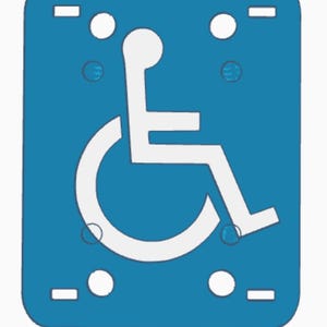 May include: A blue rectangular sign featuring the white International Symbol of Access, depicting a person in a wheelchair. The sign has rounded corners, white circles, and small rectangular cutouts for mounting.
