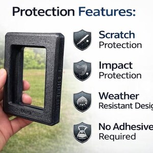 May include: A dark gray rectangular frame with the text "Protection Features:" and icons indicating scratch, impact, and weather protection, and that no adhesives are required. The frame is held by a hand.