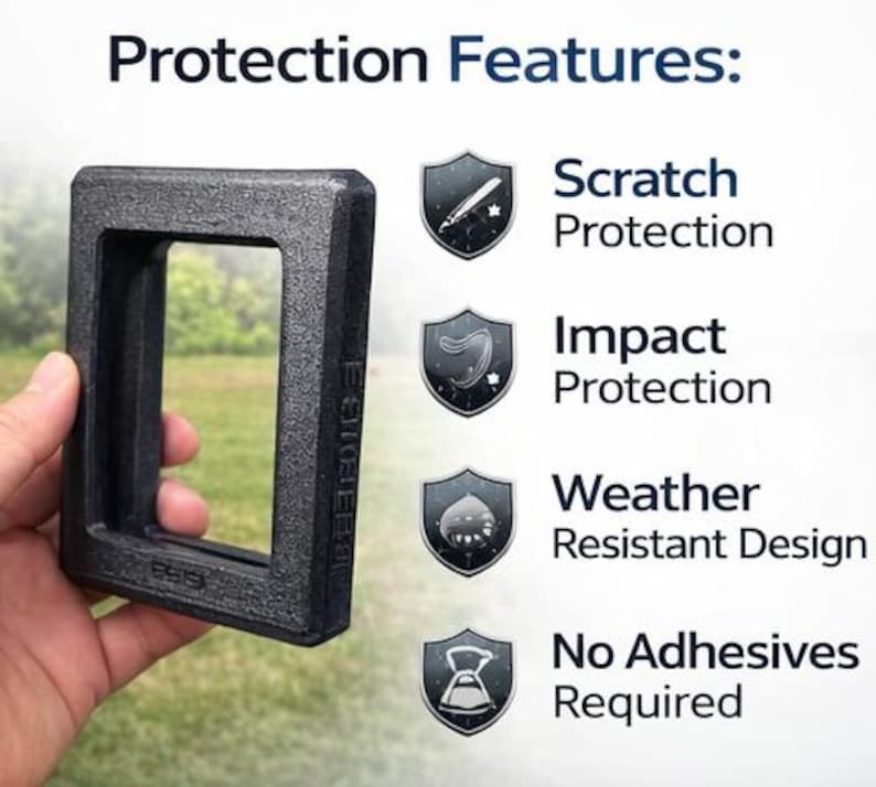 May include: A dark gray rectangular frame with the text "Protection Features:" and icons indicating scratch, impact, and weather protection, and that no adhesives are required. The frame is held by a hand.