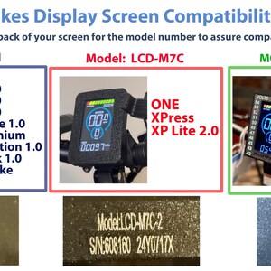 May include: A compatibility chart for Lectric EBikes display screens. The chart shows three different models: LCD-M5N, LCD-M7C, and LCD-M5C, with compatible e-bike models listed for each. The chart also includes images of the display screens.