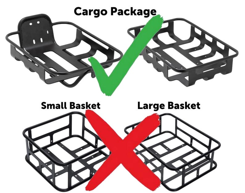 May include: Image of black metal cargo package and basket options. The image shows a cargo package and a large basket, both marked with a green tick. Two smaller baskets are marked with a red cross. Text labels include "Cargo Package", "Small Basket", and "Large Basket".