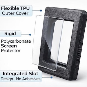 May include: A black rectangular phone case with a flexible TPU outer cover and a rigid polycarbonate screen protector. The design features an integrated slot with no adhesives. Text on the image reads: Flexible TPU Outer Cover, Rigid Polycarbonate Screen Protector, Integrated Slot Design - No Adhesives.