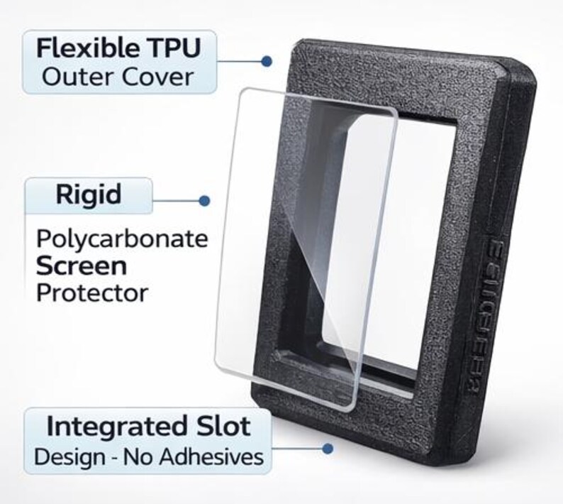 May include: A black rectangular phone case with a flexible TPU outer cover and a rigid polycarbonate screen protector. The design features an integrated slot with no adhesives. Text on the image reads: Flexible TPU Outer Cover, Rigid Polycarbonate Screen Protector, Integrated Slot Design - No Adhesives.