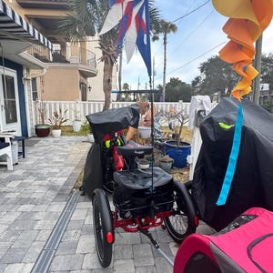 May include: A red recumbent tricycle with black storage bags and a flag with red, white, and blue starburst designs. The tricycle has three wheels and is parked on a brick patio. A pink pet trailer is attached.