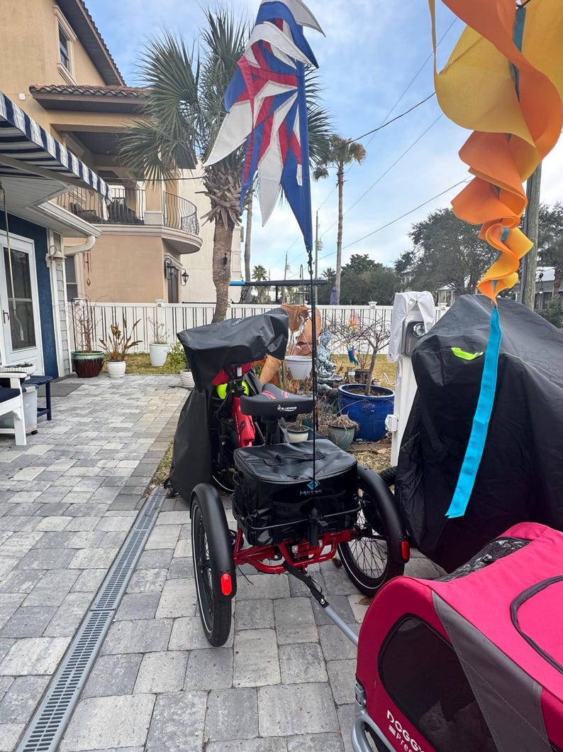 May include: A red recumbent tricycle with black storage bags and a flag with red, white, and blue starburst designs. The tricycle has three wheels and is parked on a brick patio. A pink pet trailer is attached.
