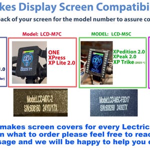 May include: A compatibility chart for Lectric EBIKES display screens. The chart shows different screen models, including LCD-MSN, LCD-M7C, LCD-M5C, and FSD01, with compatible e-bike models listed below each screen.