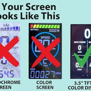 May include: Image comparing three electronic display screens. The first two screens are marked with a red X, labeled "Monochrome Screen" and "Color Screen." The third screen, a "3.5" TFT Color Display," is marked with a green checkmark.