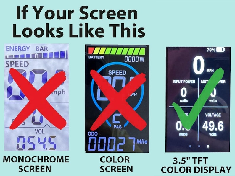May include: Image comparing three electronic display screens. The first two screens are marked with a red X, labeled "Monochrome Screen" and "Color Screen." The third screen, a "3.5" TFT Color Display," is marked with a green checkmark.