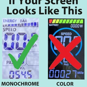 May include: Image comparing a monochrome screen with a green checkmark to a color screen with a red X. The text reads "If Your Screen Looks Like This". The monochrome screen displays speed and other data. The color screen is marked as incorrect.