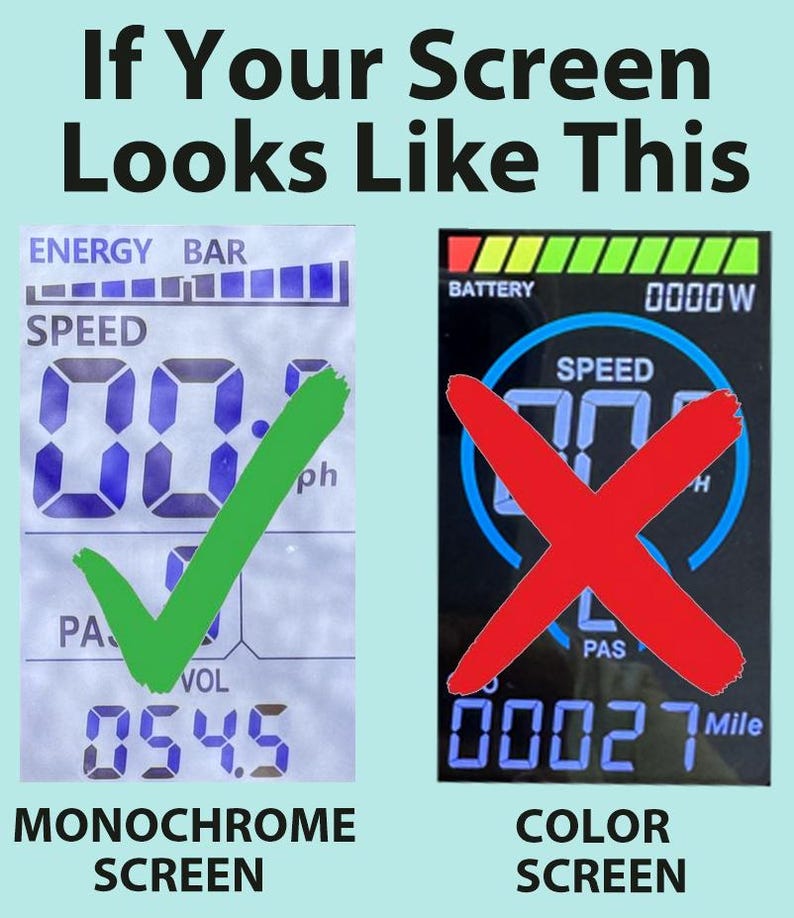 May include: Image comparing a monochrome screen with a green checkmark to a color screen with a red X. The text reads "If Your Screen Looks Like This". The monochrome screen displays speed and other data. The color screen is marked as incorrect.