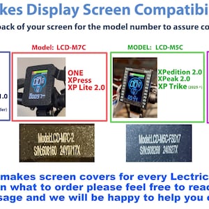 May include: A compatibility chart for Lectric EBikes display screens. The chart shows different screen models, including LCD-MSN, LCD-M7C, LCD-M5C, and FSD01, with corresponding e-bike models. The chart also includes serial numbers for each screen model.