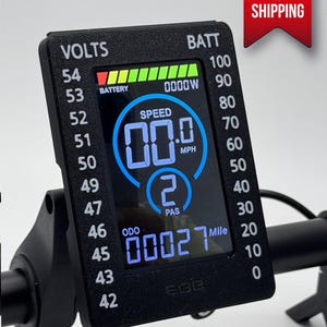 May include: A black electric scooter display with a digital speedometer reading 00.0 mph, a battery level indicator, and an odometer reading 0002.7 miles. The display also shows the battery voltage, speed, and PAS level.