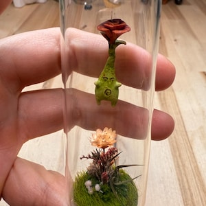 Puede incluir: Un vial de vidrio transparente con tapón de corcho, que contiene un terrario en miniatura. El terrario presenta una pequeña figura verde con una flor roja y una base de musgo y flores secas. El vial se sostiene en una mano.