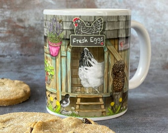 Ceramic Chicken Mug 11oz - &quot;Fresh Eggs&quot;, Allotment gift,  Garden Gift,  Chicken Mug, Chicken merchandise, Chicken gifts