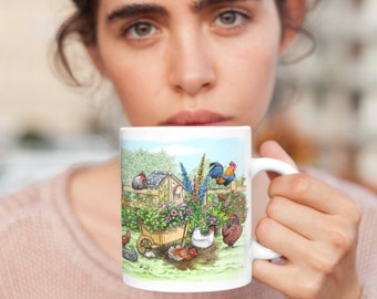 Ceramic Chicken Mug 11oz “Victorian Paradise”- Hen mug, Allotment gift,  Garden Gift,  Chicken Mug, Chicken merchandise, Chicken gifts