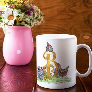 Gold Initial Ceramic Chicken Mug 11oz - Hen mug, Allotment gift, Garden Gift, Chicken Mug, Chicken merchandise, Chicken gifts