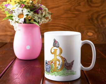 Gold Initial Ceramic Chicken Mug 11oz - Hen mug, Allotment gift, Garden Gift, Chicken Mug, Chicken merchandise, Chicken gifts