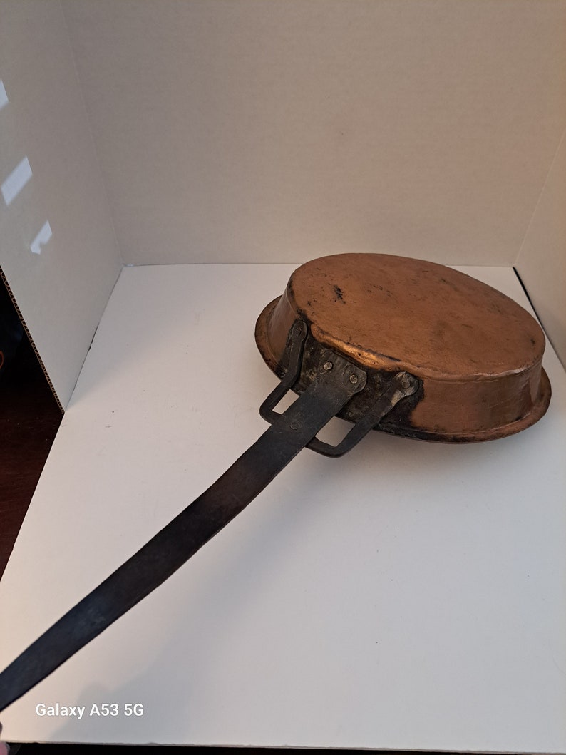 Vintage long handle, hammered copper pan image 1