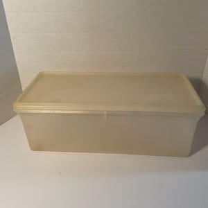May include: A rectangular, translucent plastic container with a matching lid. The container is a light beige color and appears to be empty. The lid fits snugly on top, creating a sealed storage space. The container is likely used for food storage.