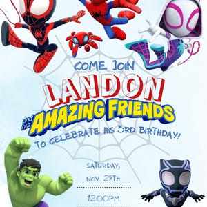 Puede incluir: Una colorida invitación con personajes de dibujos animados de Spider-Man. El texto dice: "¡Únete a Landon y sus Amigos Increíbles para Celebrar su 3er Cumpleaños!" con la fecha, hora y lugar.