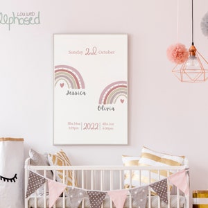 Afdrukbare Canva-sjabloon, dubbele naam en geboortedetailprint, pastelroze Boho-kwekerij, digitale download, kinderkamerdecor, afdrukbare muurkunst