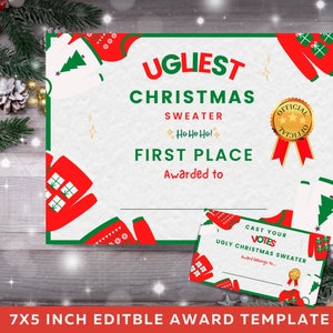 Concorso per la festa di Natale, Concorso brutto maglione, Premio brutto maglione di Natale e schede elettorali, Schede stampabili, Modello modificabile, UG01