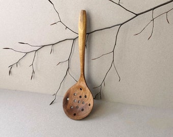 Wooden colander, Strainer spoon, Wooden utensil, Walnut skimmer, Carved utensils, Big hole ladle, Table decor