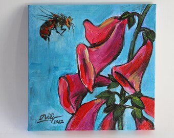 Miniature original paintings on canvas, hand painted, tiny art, mini canvas painting "Flowers and bee"