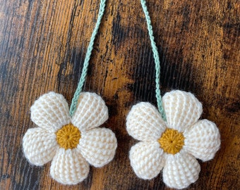 Crochet daisy car mirror hangings/bag charms - pink, sage green, mocha and lilac colour options available