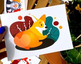 Postal de perro Corgi A6 - Arte de pared original