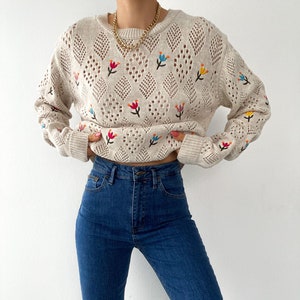Women Sweater, Floral Embroidery Sweater, Casual Pullover, Knitted Sweatshirt, Women Clothing, Gift for her