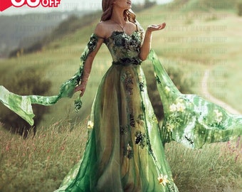 Custom Floral green fairy prom dress, Fairy bridal dress, Vintage evening party dress, Fantasy bridesmaid dress