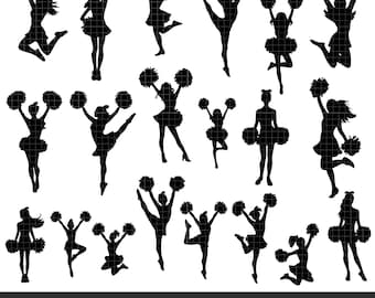 May include: Silhouettes of cheerleaders in various poses, holding pom-poms. The cheerleaders are all wearing skirts and have their hair pulled back. The silhouettes are black against a white background.